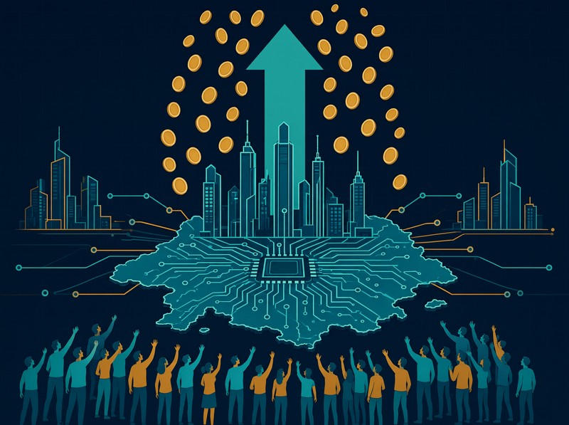 Fintech illustration of a semiconductor hub distributing amber coin windfalls to citizens, with network lines connecting to global skylines