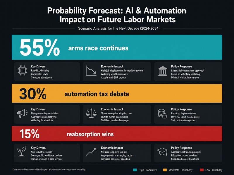 AI layoff trap scenarios for H2 2026 with probabilities