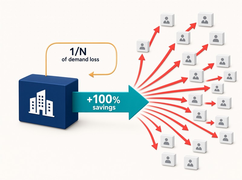 AI layoff trap diagram: firm keeps full saving, bears 1/N of demand loss