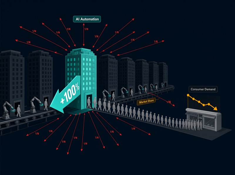 AI layoff trap illustration: each firm keeps 100% of automation savings while 1/N of the demand loss spreads across rivals