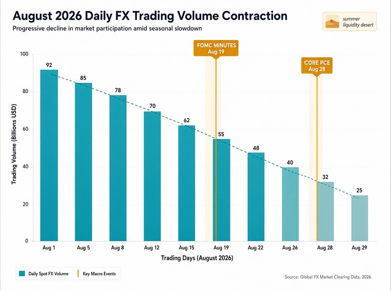 August 2026 trading volume chart showing thin summer liquidity with FOMC minutes and PCE dates marked