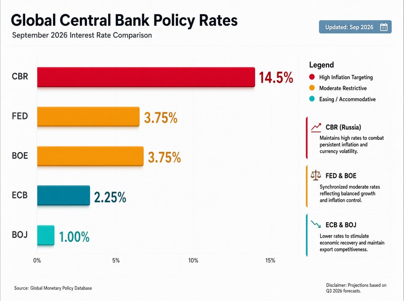 Central bank policy rate comparison chart September 2026: CBR 14.5%, Fed 3.75%, BoE 3.75%, ECB 2.25%, BoJ 1.00%