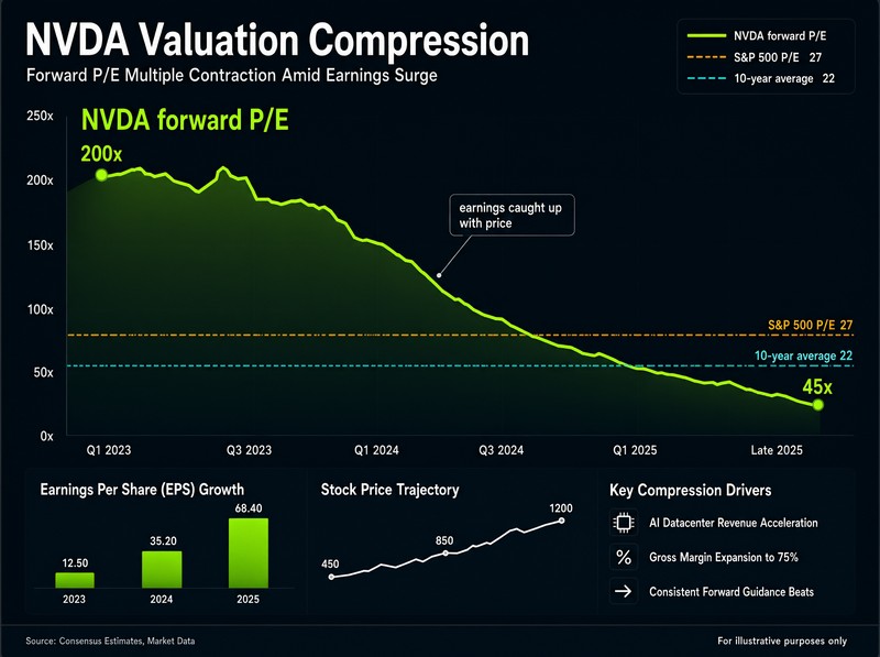 Nvidia P/E ratio compression chart 2023-2026 versus S&P 500 valuation averages