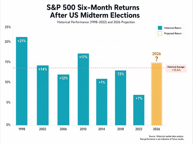 S&P 500 six-month returns following US midterm elections historical chart