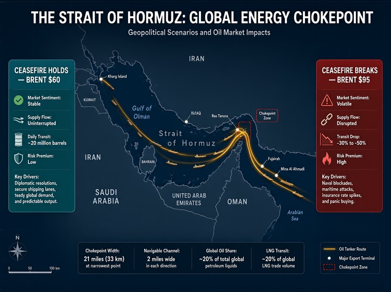 Strait of Hormuz oil route map with two Brent crude price scenarios for H2 2026