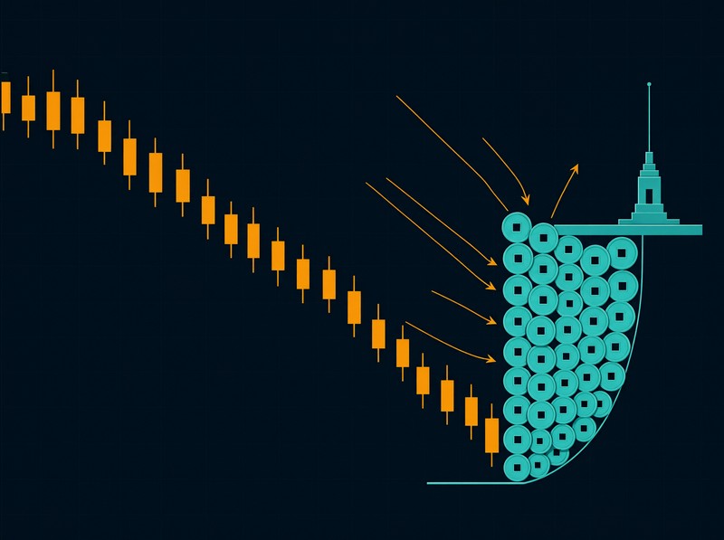 USD/JPY candles falling from 164 to 155 stopped by a teal shield wall of yen coins, symbolizing Japan's record August 2026 intervention