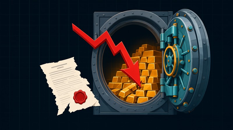 Illustration of gold bars inside a bank vault being pierced by a red downward chart arrow representing derivative losses