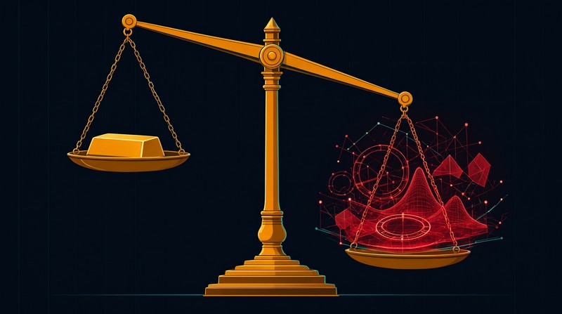A brass scale weighing a single gold bar against a heavy red digital derivative contract