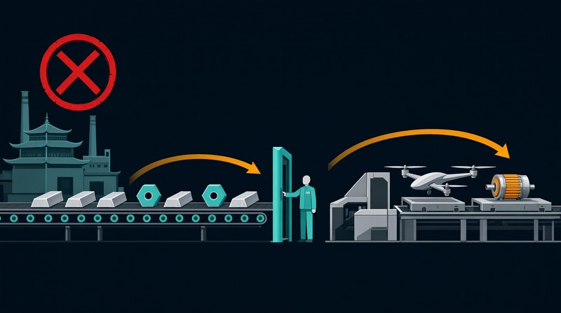 Illustration of Russian magnesium feedstock flowing through an open exemption gate into European drone and electric motor production