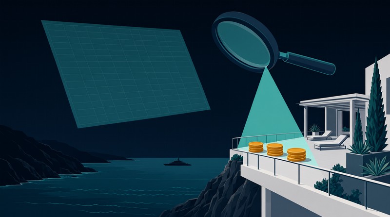 Illustration of a tax audit beam from a giant ledger magnifying glass falling on a luxury Riviera penthouse