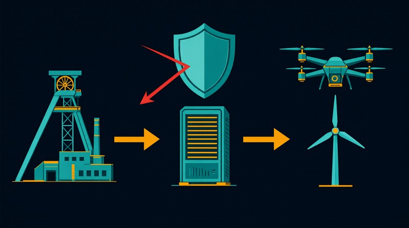 Three-node supply chain diagram from magnesium plant to rare-metal processor to European drones and wind turbines with a protective shield