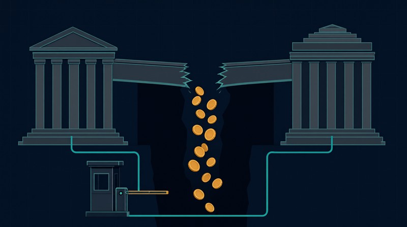 Diagram of a suspended double taxation treaty: coins fall through the gap between two tax authorities while a teal line reroutes through a checkpoint